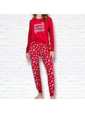 Macy's Red/White Matching "Merry & Bright" Holiday Pajamas Set Size S Women's
